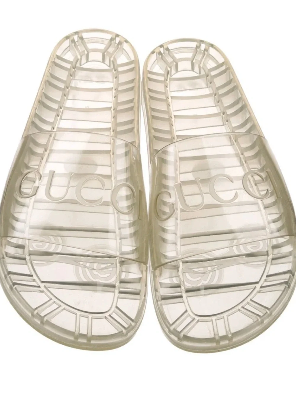 Gucci Clear Transparent Logo Slide Sandals size 11G / 11.5 US